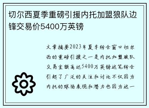 切尔西夏季重磅引援内托加盟狼队边锋交易价5400万英镑 切尔西夏季重磅引援内托加盟狼队边锋交易价5400万英镑