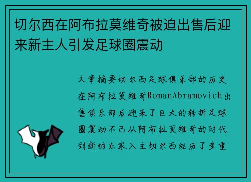 切尔西在阿布拉莫维奇被迫出售后迎来新主人引发足球圈震动